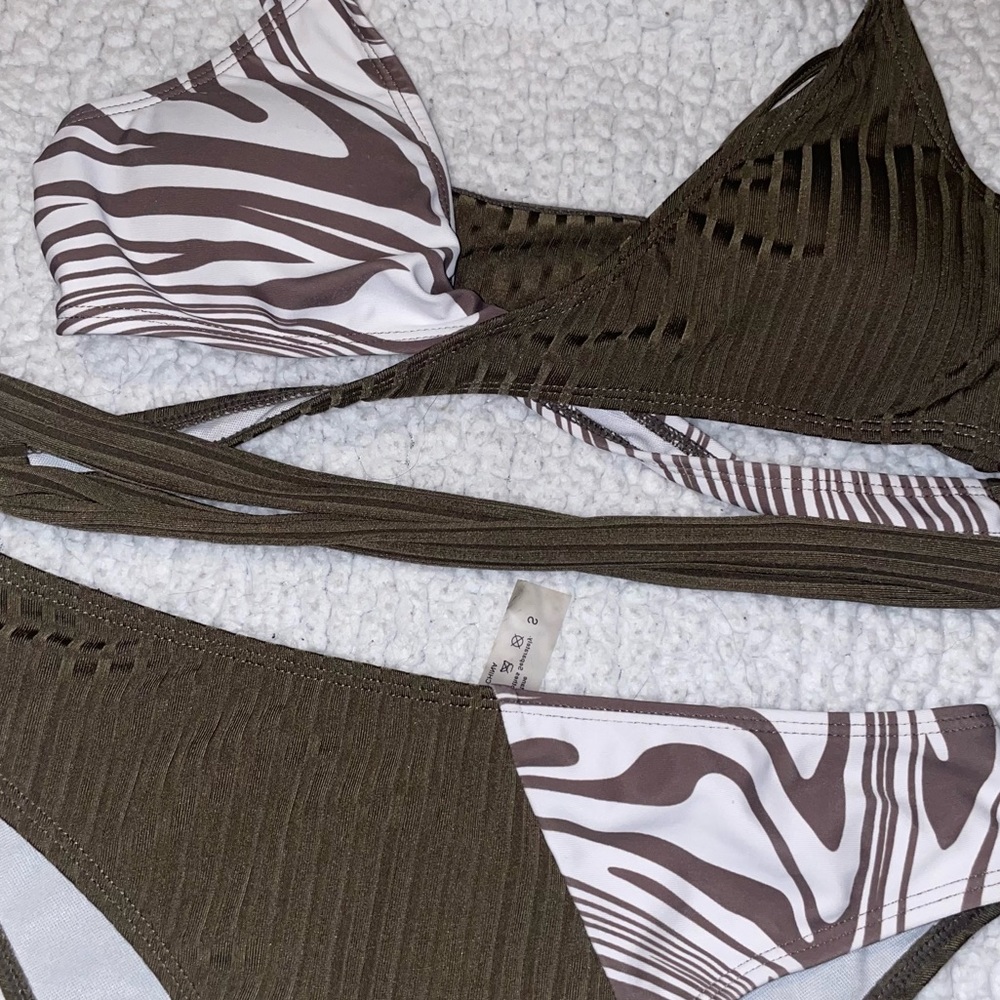 Zebra and brown swim suit bikini set. Tie around top and high waisted bottoms